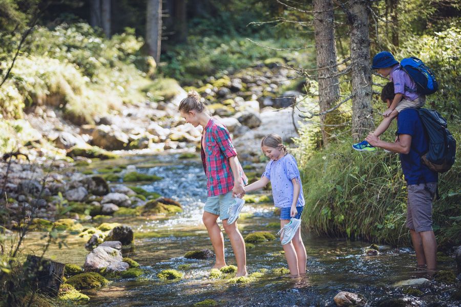 Eine Familie spaziert durch einen kleinen Bach, die Schuhe in den Händen. Eine Familie spaziert durch einen kleinen Bach, die Schuhe in den Händen.